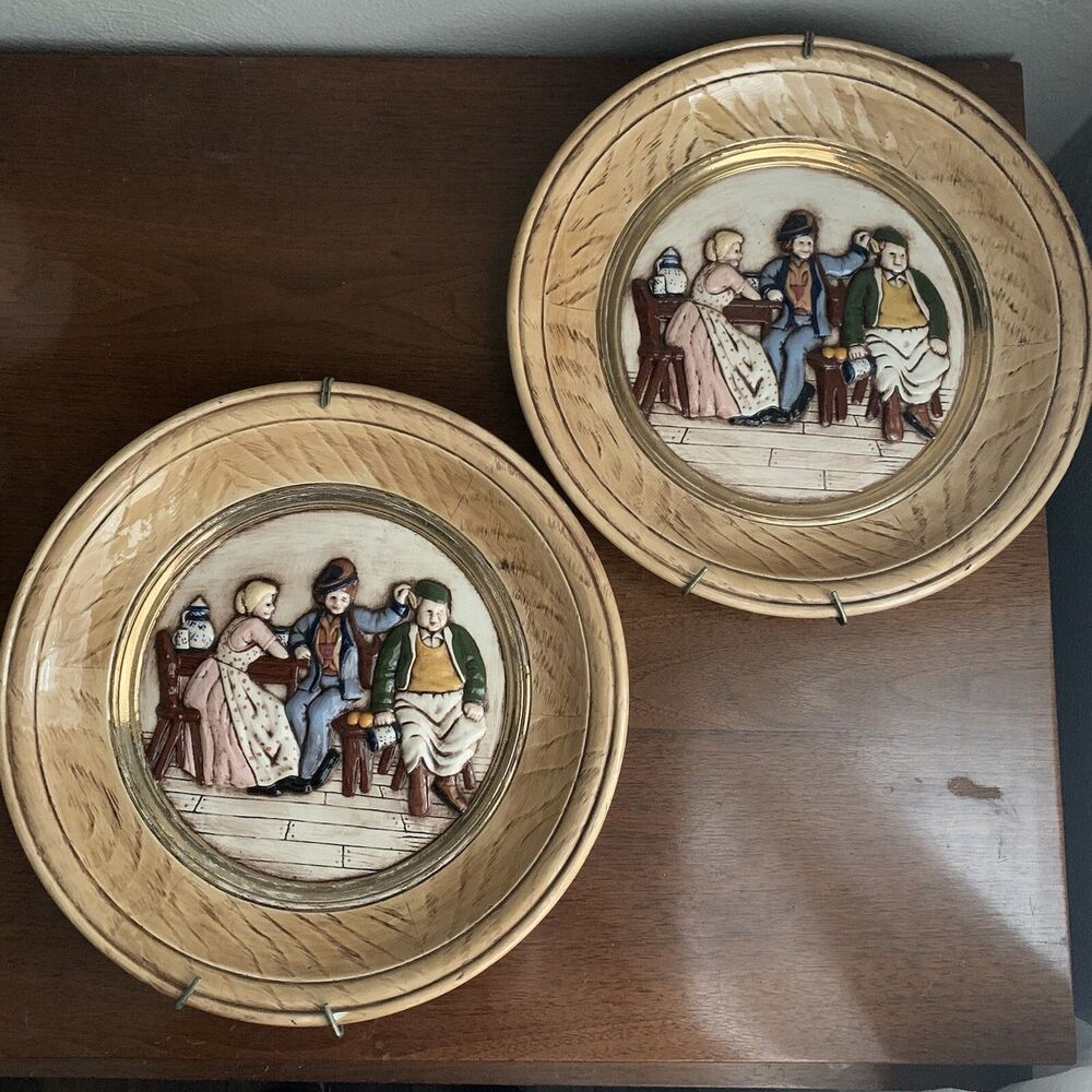 Vintage Lot of 2 Painted Plates German Bar Scene Decorative Signed J Fabrizio 75